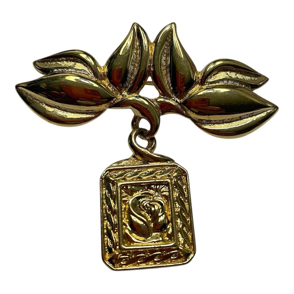 Liz Claiborne LCi Dangly Gold Tone Metal Brooch Lapel Signed Vintage Medallion